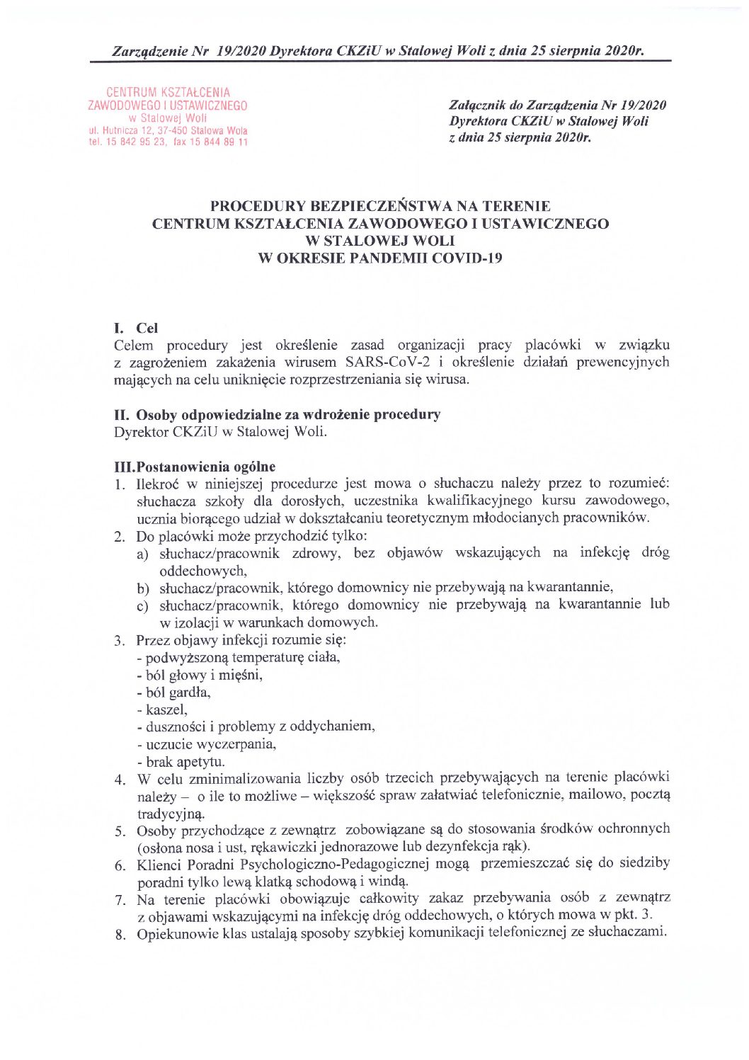 Procedury bezpieczeństwa na terenie CKZiU w okresie pandemii COVID-19