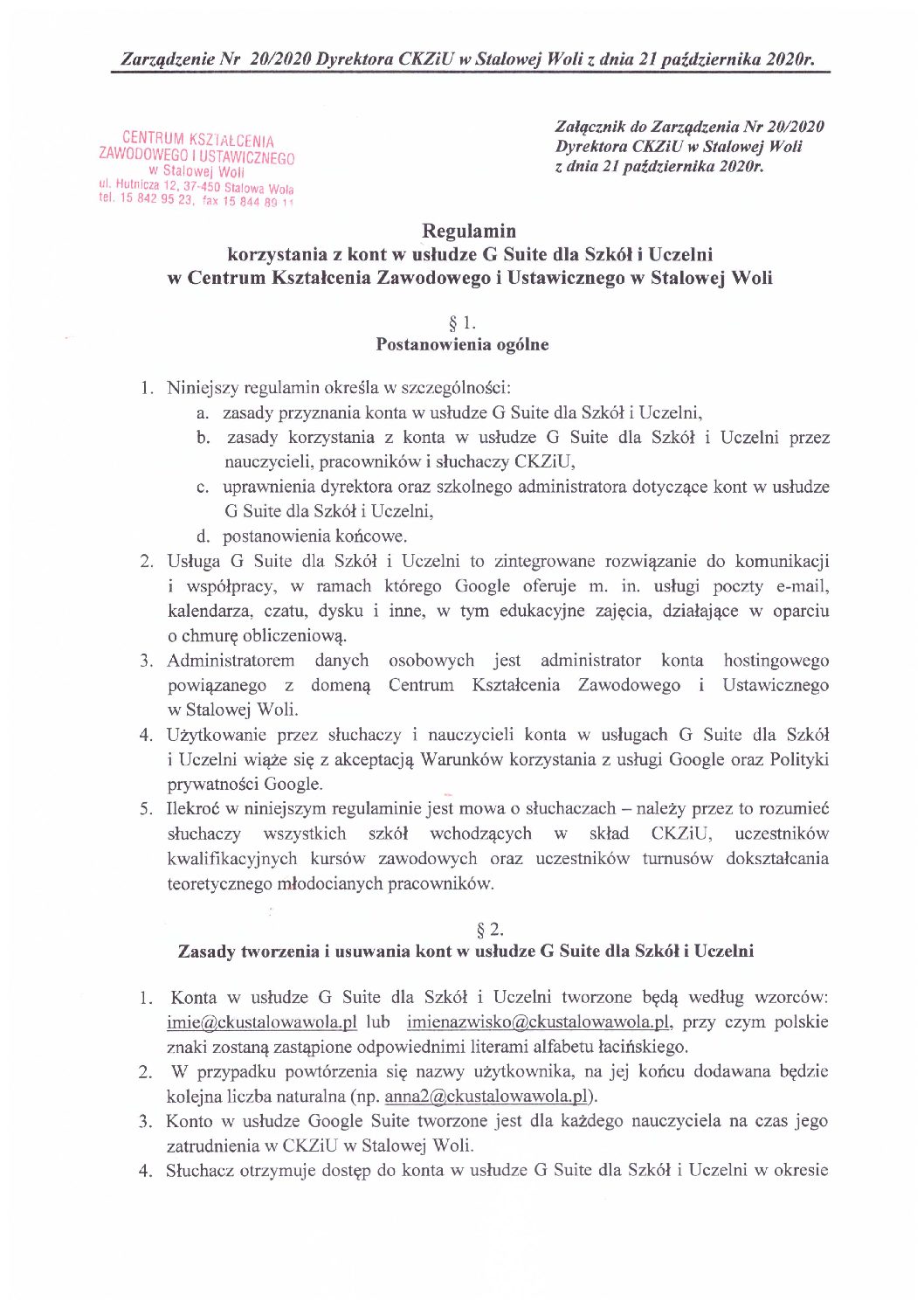 Regulamin korzystania z kont G Suite w CKZiU