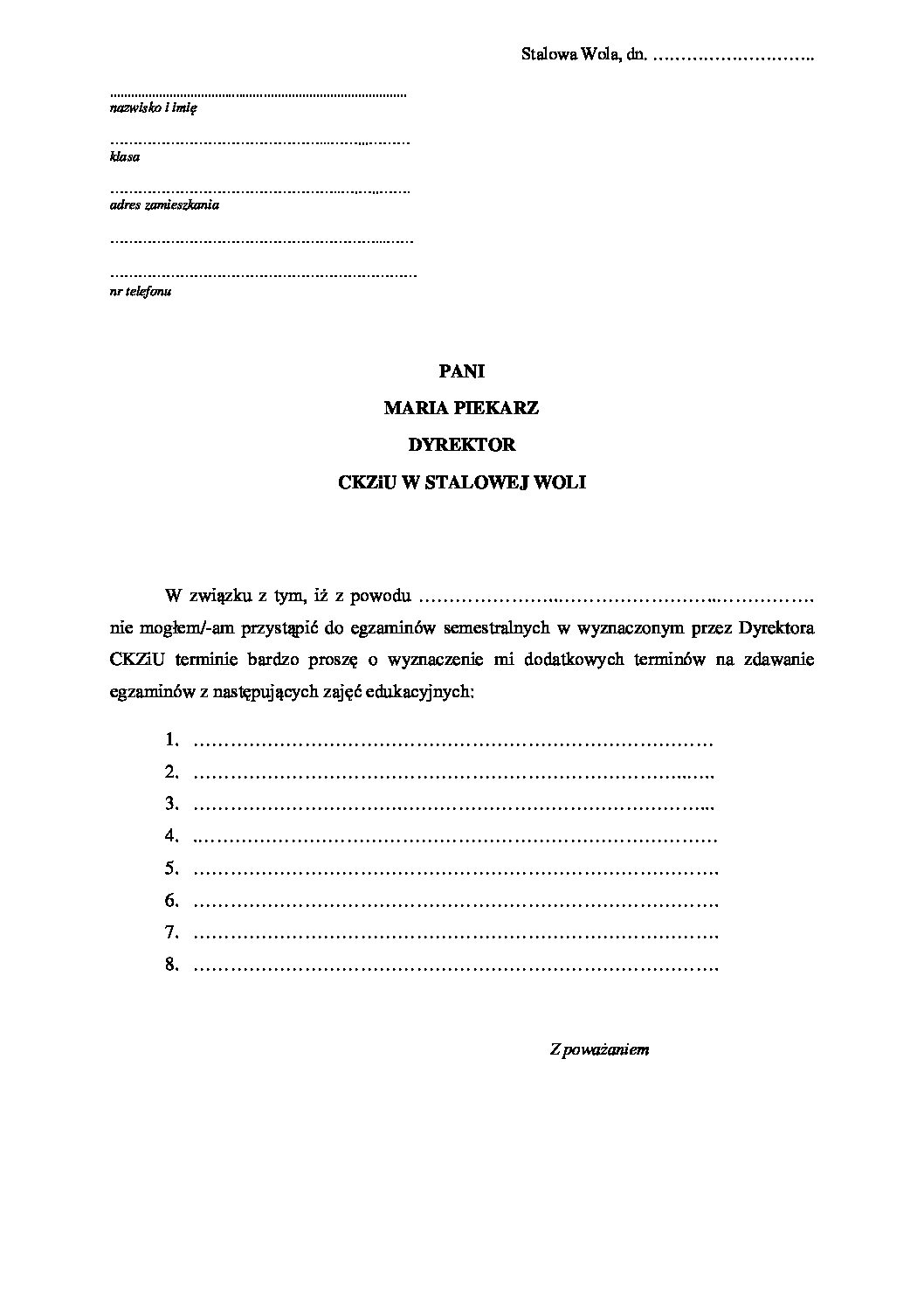 podanie o egzaminy w terminie dodatkowym