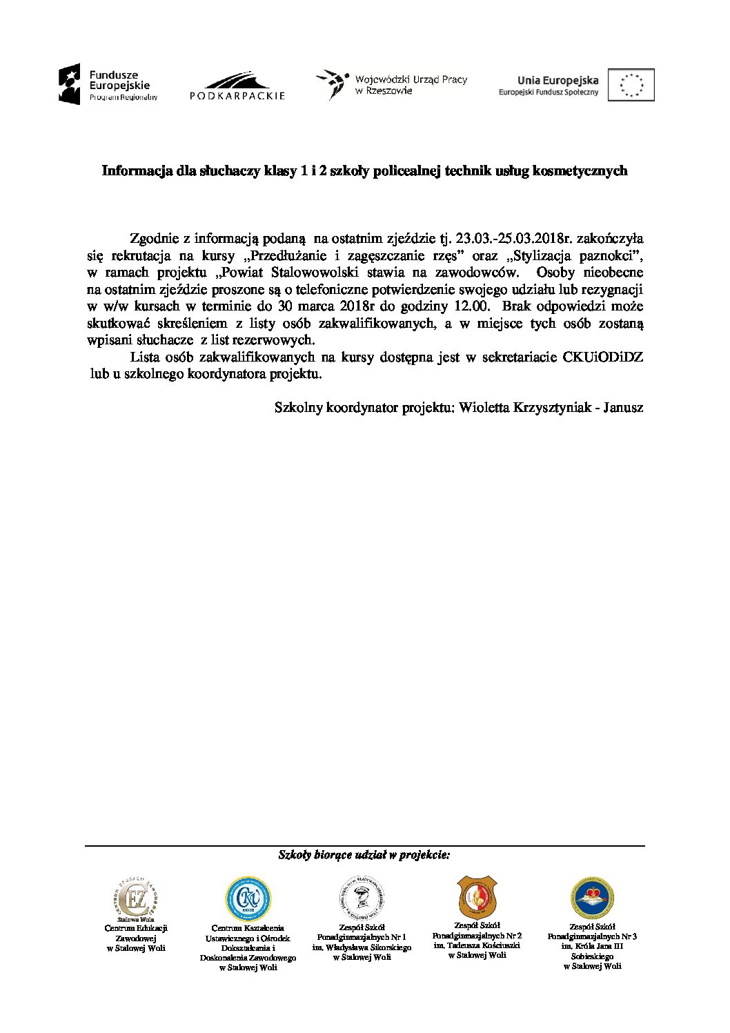 Ogłoszenie o wynikach rekrutacji dla klas 1S i 2S